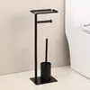 Suporte de chão para papel higiênico em aço inoxidável com bandeja, suporte para escova de vaso sanitário sem furar e prateleira de armazenamento