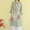 Blusas Bordadas Estilo Étnico de Comprimento Médio para Primavera e Verão Femininas, Roupas de Chá Artísticas de Caimento Solto, Camisas de Algodão Estilo Chinês Novo Retrô