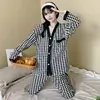 Pijama de Primavera y Otoño para mujer, nuevo cárdigan de algodón artificial con cuello en V, manga larga, pantalones, traje de casa lindo de dibujos animados, holgado