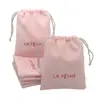Bolsa de terciopelo rosa con estampado y cordón para anillos, collares, joyería, bolsa pequeña de tela para almacenamiento de cosméticos, hecha a medida por fábrica