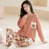 Pijama de Oso de Fresa para Mujer, Traje de Pantalón Largo de Manga Larga de Algodón Imitación para Primavera y Otoño, Estilo Japonés Dulce y Lindo, Ropa de Casa para Estudiantes