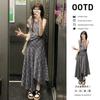 Vestido xadrez sem mangas infantil verão novo estilo elegante super lindo férias saia longa irregular