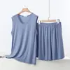 Conjunto de dos piezas para mujer de modal con cuello en V, top sin mangas y shorts, fino de verano, talla grande, nuevo, holgado, conjunto para casa