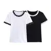 Otoño Europeo y Americano Nuevo Estilo Encaje Contrastante Cuello Redondo Ajustado Manga Corta Base Accesorios Florales Camiseta Top