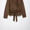 Jaqueta curta casual versátil com gola alta e amarração ZA outono e inverno, moda europeia e americana para mulheres