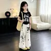 Moda Femenina Elegante de Lunares, Manga Corta, Verano Casual, Pantalones Anchos para Niños de Edad Media y Mayores, Traje Deportivo Casual de Dos Piezas