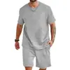 Novo terno masculino casual esportivo de tendência europeia e americana transfronteiriço da Amazon, com quadrados pequenos, solto, gola careca, manga curta e shorts
