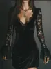 Vestido preto de veludo com renda para Halloween, importado, decote V, mangas sino, justo ao corpo, mini vestido sexy para festa