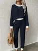 Conjunto de dos piezas para mujer: sudadera casual de punto gofre con cordón y cuello redondo y pantalón largo casual