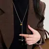 Collar Maillard Otoño e Invierno Piedra Ojo de Tigre Acero de Titanio para Mujer Diseño Coreano de Nicho Cadena Larga para Sudadera Accesorios Versátil Nuevo Estilo