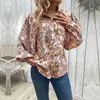 Estação Independente da Amazon 2024 Primavera Camisa Transfronteiriça Roupas Europeias e Americanas Manga Bufante Estilo Étnico Feminino Camisa Estampada