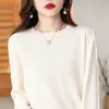 Suéter de malha 100% algodão para primavera e outono, com gola redonda, cor sólida, manga longa, fino, pulôver solto para usar em camadas, para mulheres