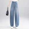 Jeans azul customizado com corte de foice para mulheres, novo estilo primavera/outono 2026, cintura alta, levanta bumbum, vintage, fluido, caimento justo, corte estreito
