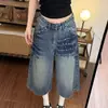 Comercio transfronterizo talla grande diseño de mujer retro lavado incrustado con diamantes verano holgado segmento de bambú americano capris de pierna ancha de mezclilla de moda
