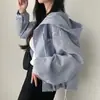 Coreia do Sul Chic Início da Primavera Moda Elegante Listra Vertical Contraste Cor Com Capuz Fivela Solto Casual All-match Casaco Curto para Mulheres