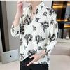 Camisa Casual de Manga Três Quartos de Verão Masculina Tendência Slim Floral Xadrez Listras Verticais Camisa de Seda Gelada de Verão Masculina
