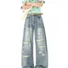 Jeans de Alta Gama para Hombre con Agujeros, Pantalones Casuales de Pierna Recta Suelta Pierna Ancha Estilo Americano, Vintage Desgastados, Modernos y Versátiles