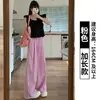Calça Xadrez Azul de Seda Gelo para Mulheres, Verão Fina de Caimento Solto, Estilo Bf, Estilo Preguiçoso Calça de Pernas Largas, Calça Casual de Pernas Retas para Caminhada
