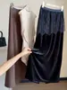 Nueva falda de terciopelo con empalme de encaje para mujer, falda de otoño de cintura alta, corte ajustado, longitud media con abertura trasera, falda bodycon de corte recto