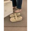 Sapatos Peludos de Bico Redondo Estilo Fada Suave de Uma Linha para Mulheres Outono e Inverno Roupa Exterior Sapatos de Algodão Quentes de Touca de Sola Reta para Grávidas