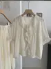 Camisa V-Neck Ruffle com Cadarço Kekezoon para Mulheres, Solta e Versátil, Design Plissado, Manga Curta em Cor Lisa 7862