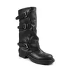 Botas de Montar con Hebilla de Cinturón Apilada para Mujer Otoño e Invierno, Botas de Montar de Caña Media con Tacón Grueso, Botas Western de Cowboy Slip-On Versátiles Adelgazantes para Mujer