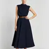 2026 Nuevo Modelo Comercio Exterior Transfronterizo Amazon Verano Europeo y Americano Vestido sin Mangas de Cuello Alto con Fruncido en un Lado y Cinturón