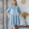 Amazon Cross-Border 2025 Primavera e Verão Novo Vestido Jeans de Manga Três Quartos Europeu e Americano Solto Fino Saia Camisa Roupas Femininas