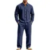 Conjunto de camisa de linho de manga longa e calça masculinas, novo, casual, de corte solto, estiloso, cor sólida, europeu e americano, Amazon