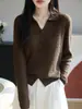 Tricô com Gola Polo Manga Longa Tricô Retrô Torcido Feminino Solto Aparência Emagrecedora Cor Sólida Camisa Base