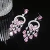 Brincos de Borboleta com Franja e Zircônia em Círculo Cravejados com Diamante Rosa Transfronteiriços, Brincos de Luxo Leve e de Alta Qualidade, Brincos Doces e Simples para Mulheres
