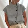 Camisa Casual de Botones de Algodón y Lino con Cuello Mao, Nueva Colección Primavera/Verano 2026 Transfronteriza Europea y Americana, Camisa de Manga Corta Cómoda para Mujer, En Stock