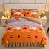 Conjunto de quatro peças de veludo de leite espesso, capa de edredom de fleece de coral dupla face, lençol e capa de edredom de flanela de fleece de mink dourado conjunto de três peças, atacado