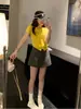 Cardigan de Punto Delgado Amarillo de Manga Corta con Atmósfera Única para Mujer Verano Nuevo Cuello Redondo Versátil Adelgazante Camiseta