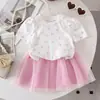 Roupas para Bebês Meninas 0-3A Verão Menina Manga Curta Estampa de Laço Top + Saia Em Estoque
