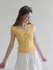 Top corto de verano para mujer, tejido de manga corta, con cordones en V, hueco, estilo coreano, entallado en la cintura, adelgazante, sin mangas, de seda helada 10620