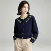 Blusa de tricô com gola redonda, manga longa, jacquard com laço, estilo europeu e americano, novo suéter cardigã de outono e inverno, caimento solto para mulheres