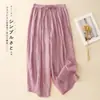 279 # Calça lanterna de algodão e linho de cor sólida artística para mulheres, primavera-verão, cintura elástica, cordão, modelagem solta, tamanhos grandes, calça casual cropped de perna larga