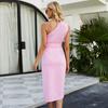 Vestido de verano de longitud media con hombros descubiertos y estampado de flores de color liso de comercio exterior para mujer, vestido de tirantes irregulares con cinturón