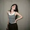 Camisole Estilo Americano Color Block Picante para Mulheres, Falso Duas Peças de Verão Fino Sem Mangas Slim-Fit Top Curto