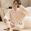 Novos Pijamas de Flanela de Inverno para Mulheres, Fofos e Estilosos, Pulôver Grosso, Conjunto de Roupa de Casa de Fleece Coral Tamanho Grande