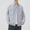 Camisa de Rayas Verticales Retro Elegante 2025 para Hombre Otoño Holgada Tendencia Marca Solapa Camisa de Mezclilla Chaqueta de Trabajo