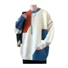 Tricô com Design Costurado Masculino Outono e Inverno Marca de Moda Americana Tricô Color Block Tamanho Grande Confortável Jaqueta de Tricô Gola Redonda