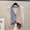 Nuevo Estilo Otoño e Invierno para Mujeres de Mediana Edad y Mayores, Chaleco de Punto con Bloques de Color y Cuello en V Talla Grande, Holgado y Versátil, Top Cálido para Llevar por Debajo