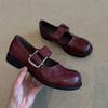 Sapatos Mary Jane Ancora Fivela de Metal Vermelha Bico Redondo Salto Grosso Boca Rasa Outono 2024 Sapatos Pequenos de Couro Confortáveis