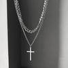 Collar de cruz apilada de doble capa de hip-hop transfronterizo europeo y americano para hombre, diseño de nicho moderno, cadena cubana con sentido de acero de titanio a juego.