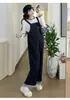 Traje Moderno para Maternidade 2025 Outono/Inverno Nova Moda Versátil Escondendo a Barriga de Grávida Macacão Jeans com Conjunto de Camisa Básica de Renda