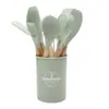 Juego de 12 Utensilios de Cocina de Silicona con Mango de Madera Set de Utensilios Antiadherentes Cubo de Almacenamiento Juego Diario de Cocina en Stock