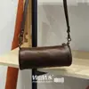 Bolsa cilíndrica de couro de flor integral curtido vegetal feminina, bolsa de ombro e transversal, bolsa porta-caneta compacta simples de couro genuíno, acessório de negócios