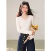 Sí Atuendo elegante de principios de otoño: top de encaje con cuello estilo coreano, corte ajustado, manga larga, capa base